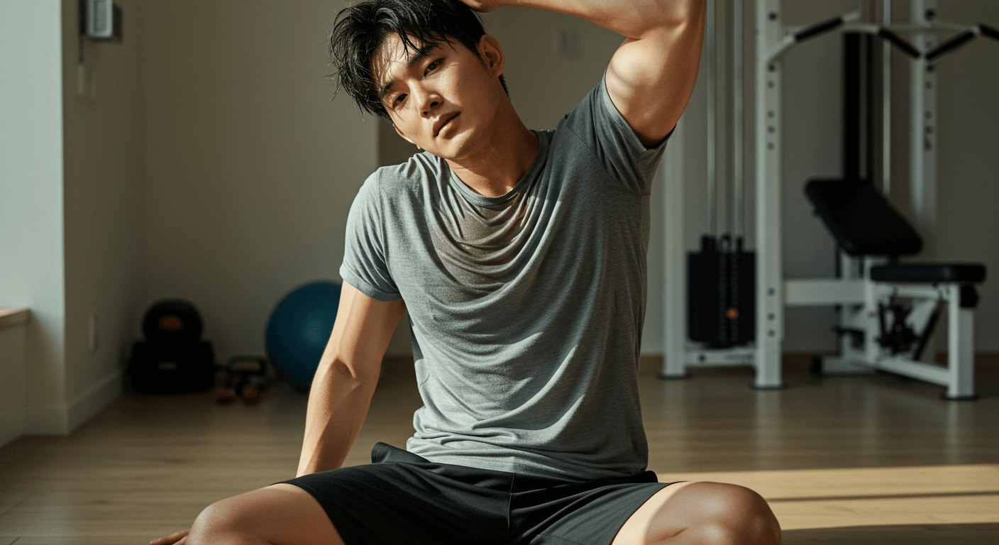 거실에서 준비운동 스트레칭하는 남성의 모습