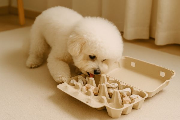 바닥에 놓인 계란판의 뚜껑을 코나 발로 영리하게 열고 간식을 찾아서 먹고 있는 모습입니다.