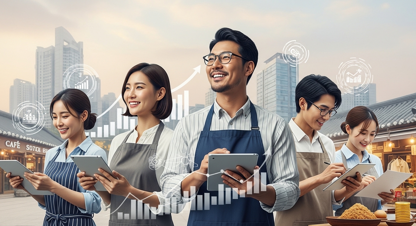 희망찬 표정의 소상공인들이 노트북과 서류를 보며 새로운 정책자금 정보를 확인하는 모습.