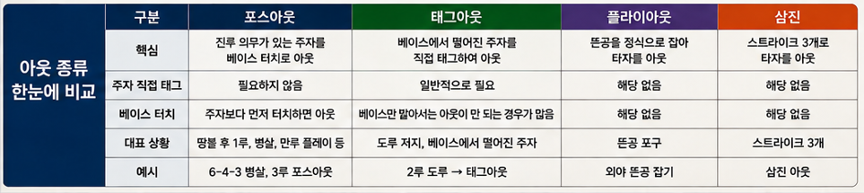 아웃 종류 한눈에 비교