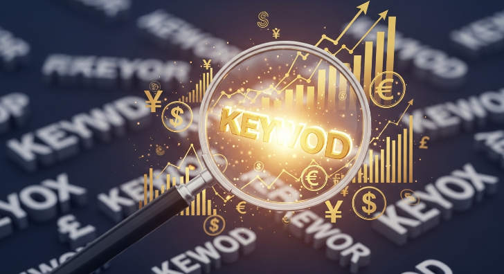 황금 키워드를 확대경으로 비추는 모습, 고단가 키워드 발굴을 통한 수익 극대화를 상징