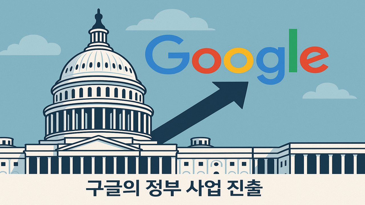 구글 로고와 정부청사 아이콘이 연결된 이미지, 구글이 공공기관 분야에 진출하는 모습을 시각화