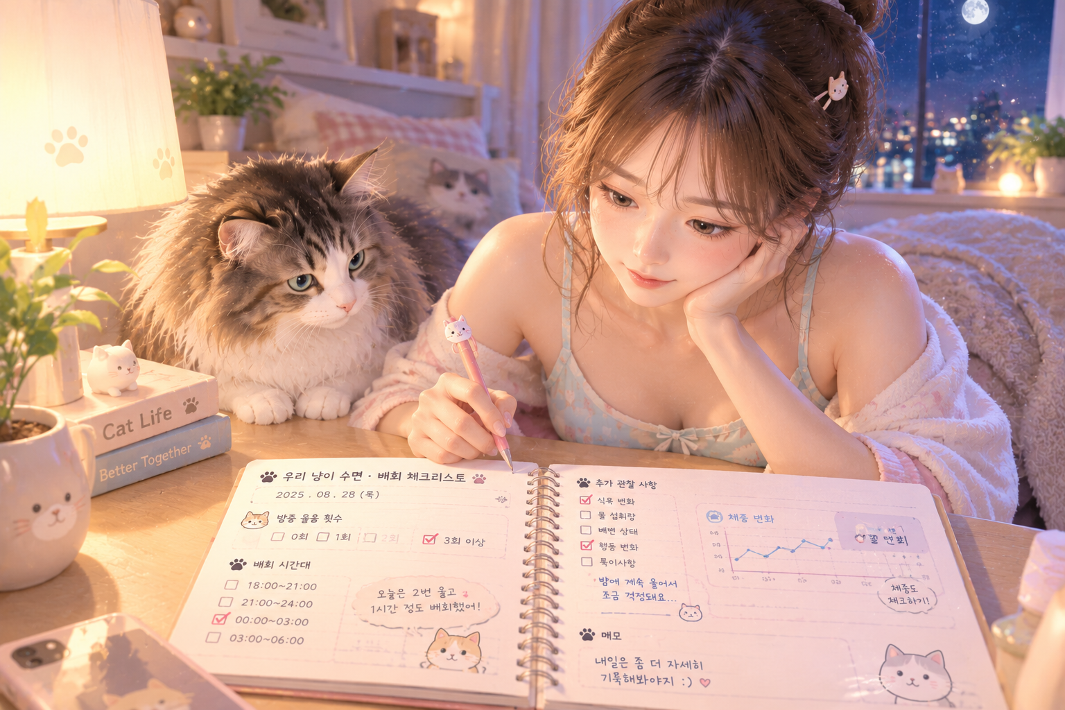 밤 배회 증상을 기록하며 체크리스트를 작성하는 집사