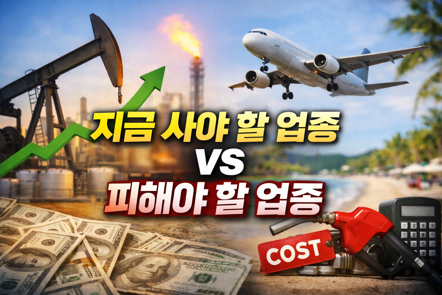 유가 100달러 돌파를 주제로 정유&middot;에너지 업종과 항공&middot;여행 업종의 대비를 표현한 썸네일 이미지, 중앙에 &lsquo;지금 사야 할 업종 vs 피해야 할 업종&rsquo; 문구가 크게 배치된 구성