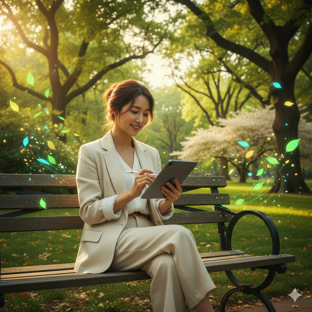 싱그러운 자연 속에서 편안하게 블로그 글감을 정리하는 모습.