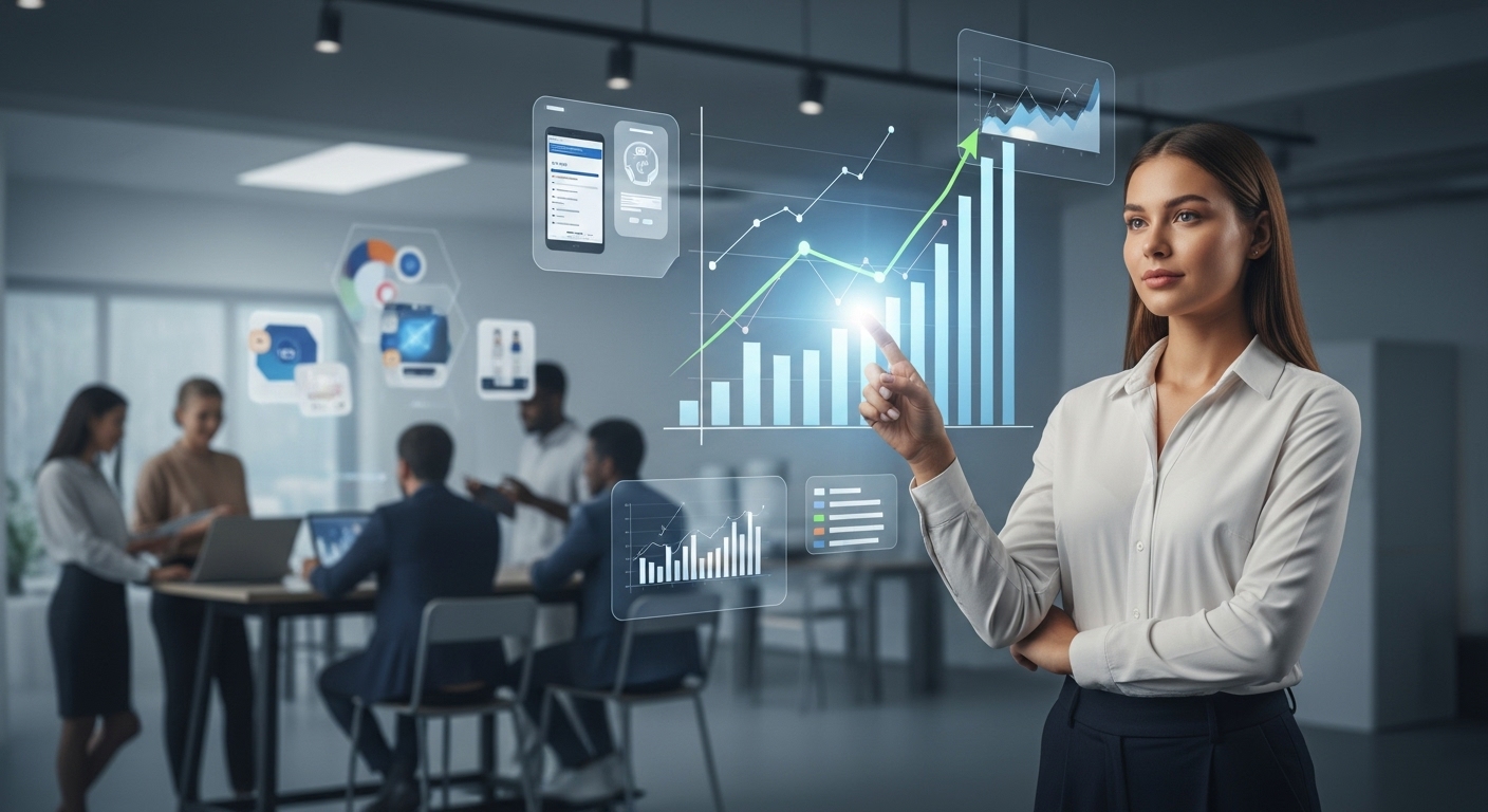 여성 창업가가 상승 그래프가 보이는 홀로그램 앞에서 전략적 투자와 성장을 설명하는 모습.