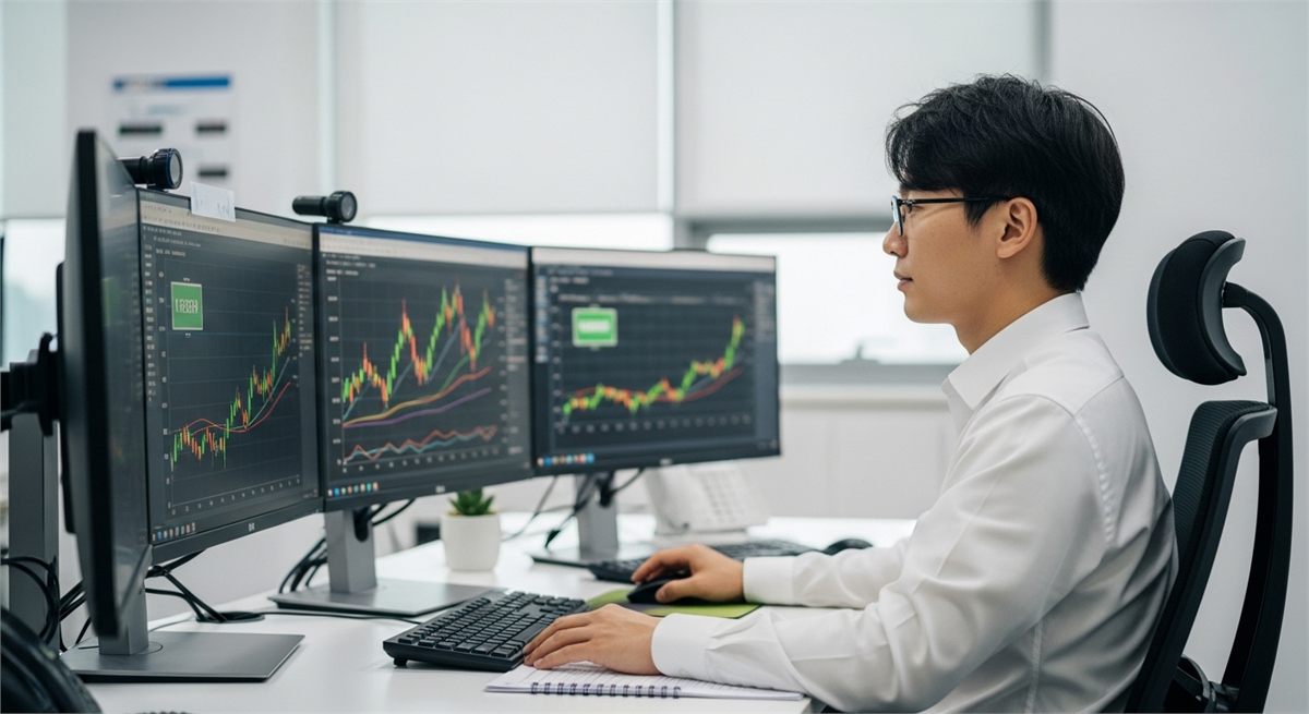한국 사무실에서 배터리 업종 흐름을 분석하는 장면