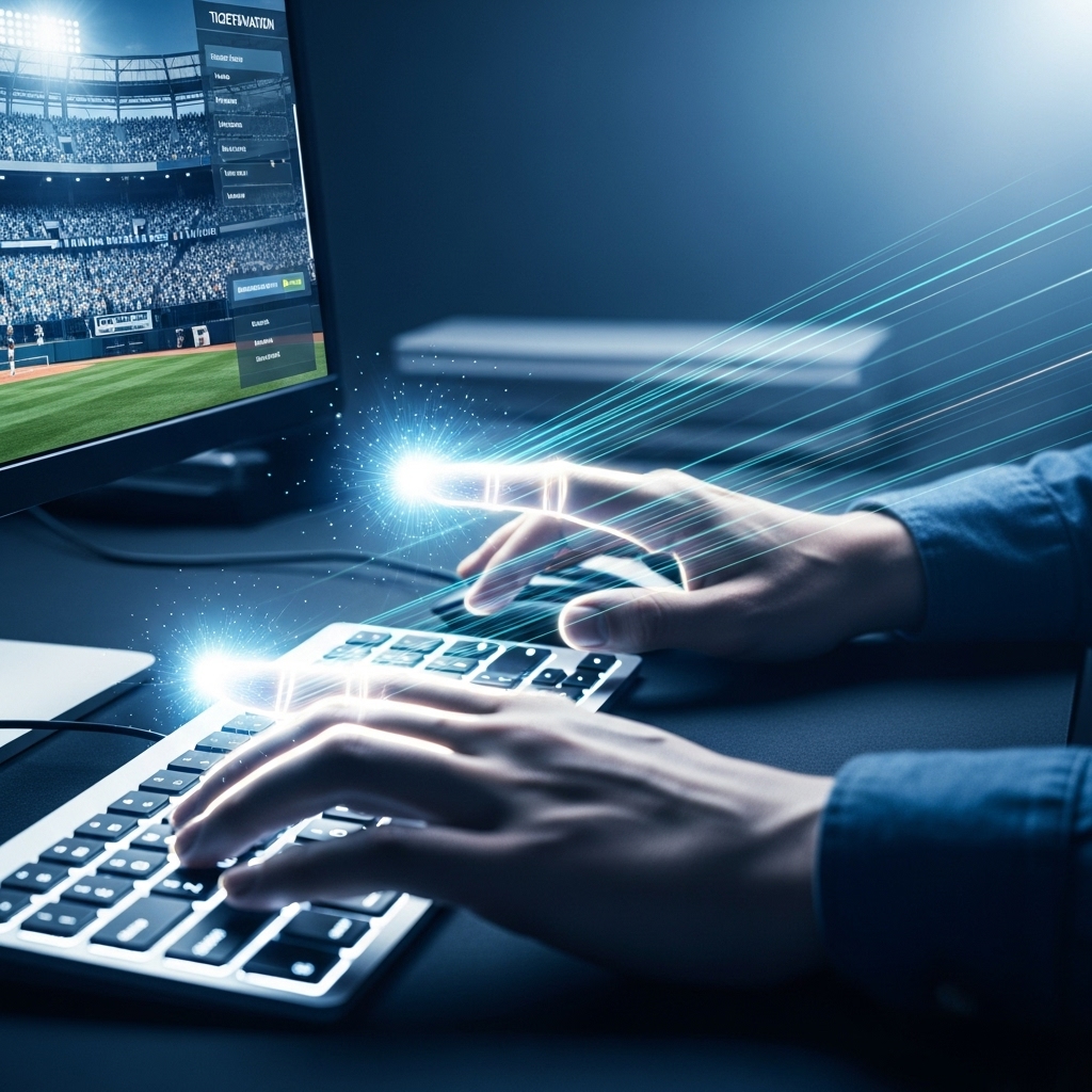 한국시리즈 티켓 예매를 위해 빠른 손놀림으로 키보드와 마우스를 조작하는 사람의 모습. 화면에는 야구 경기장과 예매창이 보이며, '광클'의 긴장감과 성공적인 티켓팅에 대한 열망이 담겨 있습니다.