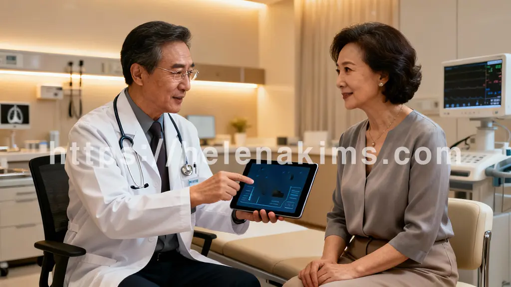 현대적이고 밝은 진료실에서 의사가 환자에게 태블릿에 표시된 폐 관련 자료를 보여주며 친절하게 설명하는 모습.