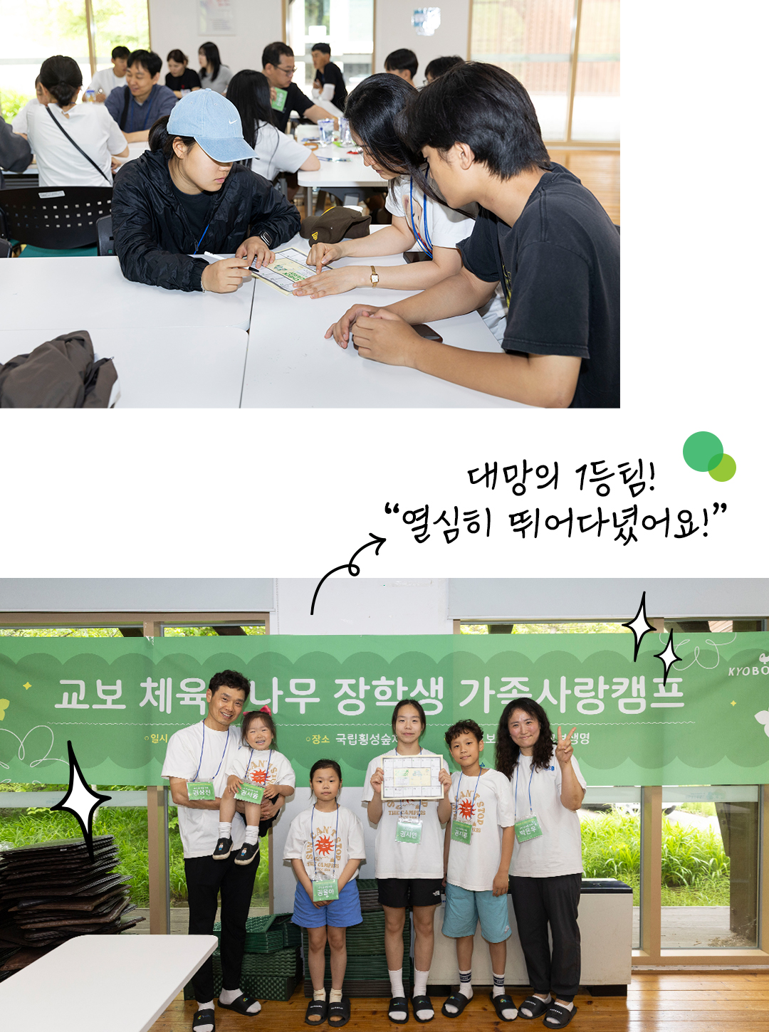 #교보 체육꿈나무 장학생 가족사랑캠프 '숲 풀어보자' 결과를 채점하고 있는 가족 #'숲 풀어보자' 1등팀