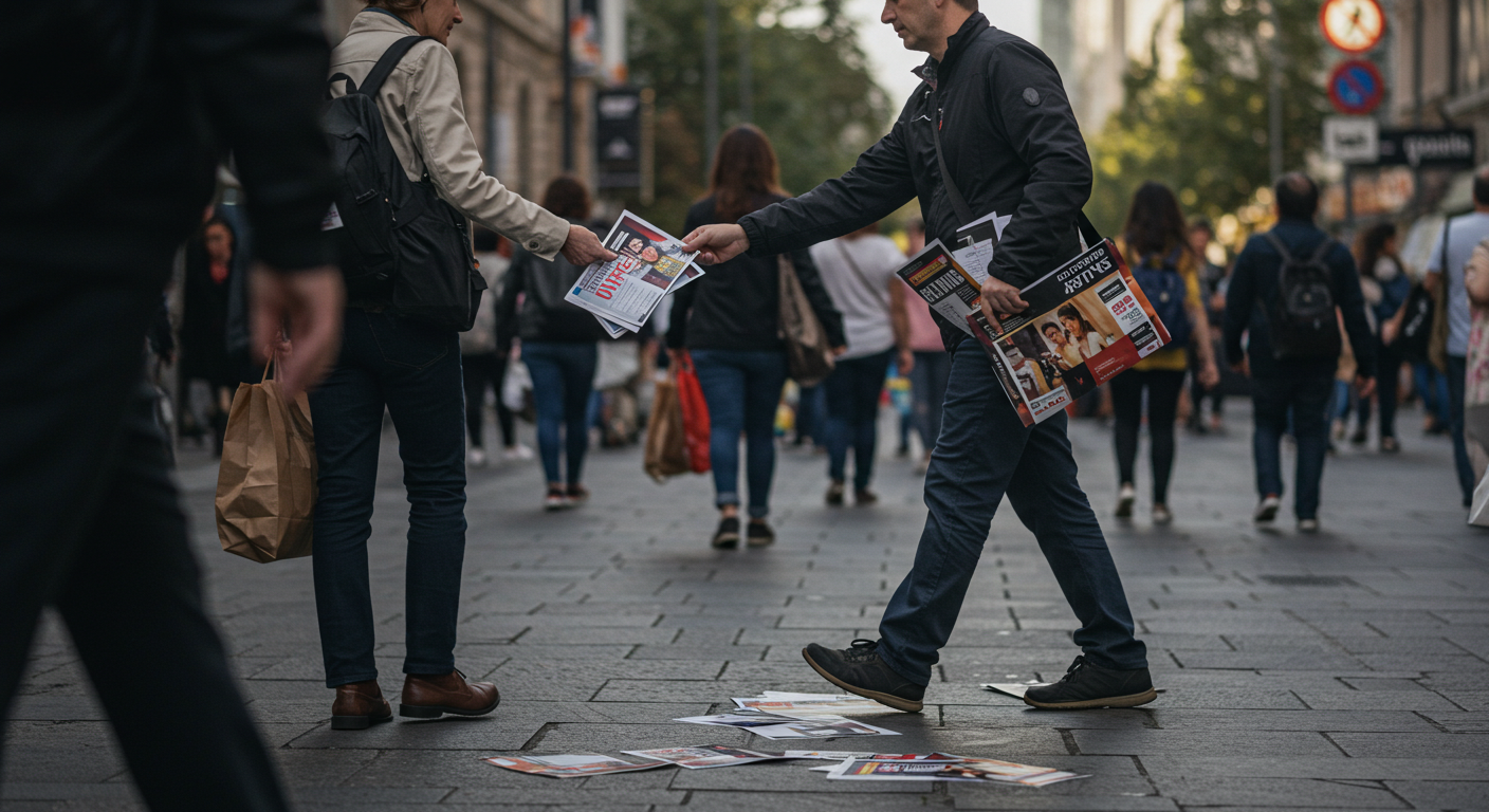 전단 배포 중인 한 남자 이미지