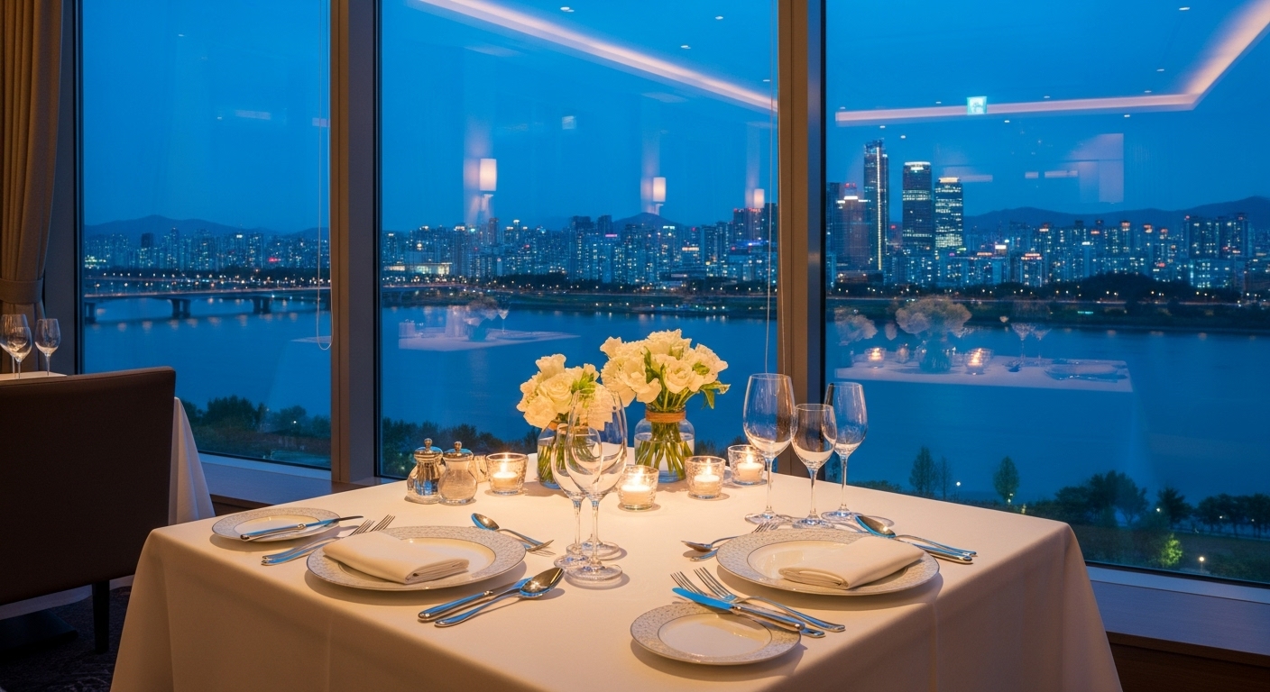 통유리창 너머로 반짝이는 서울 한강의 야경이 펼쳐진 럭셔리 호텔 레스토랑의 로맨틱한 테이블 세팅