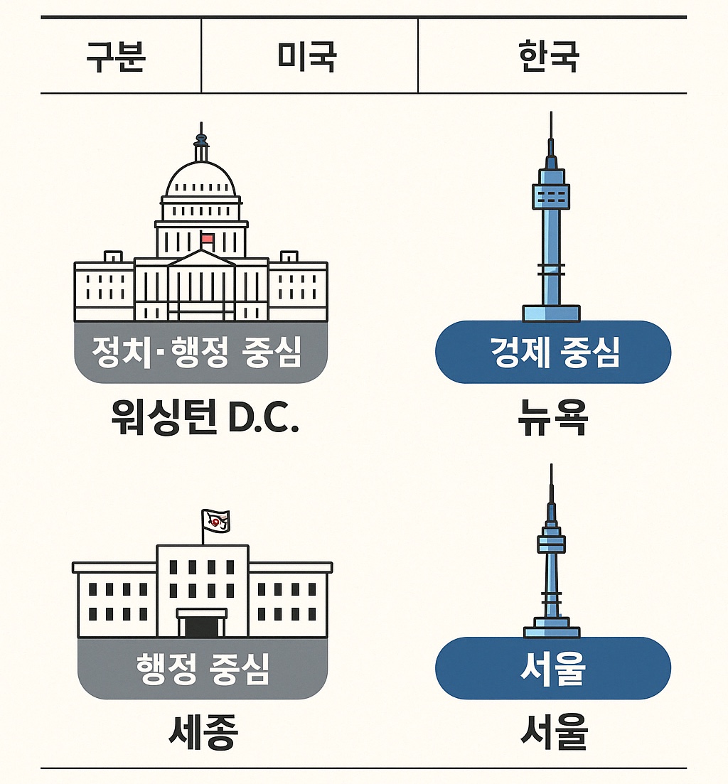 미국과 한국의 정치, 행정 도시 구분 사진