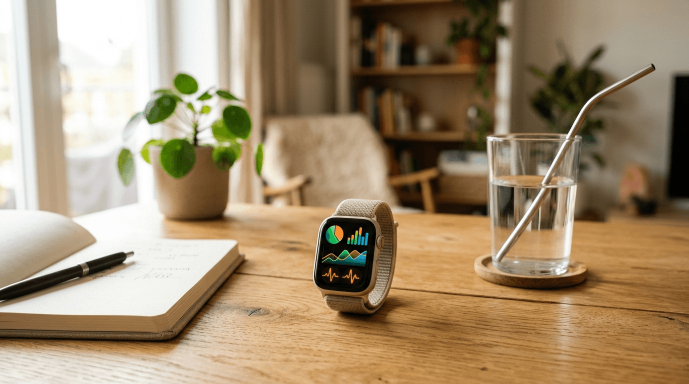 건강지능 HQ 개념을 상징하는 웨어러블 기기와 건강 데이터 대시보드 사진