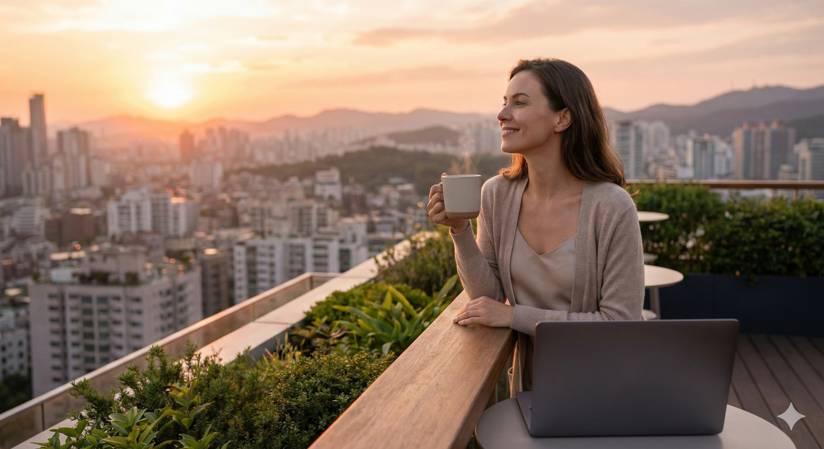해질 무렵의 루프탑에서 차를 마시며 도시의 전경을 바라보는 여성, 워라밸이 실현된 디지털 노마드의 평온한 저녁