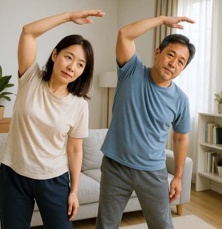 거실에서 간단 스트레칭을 하는 40대 남녀 모습