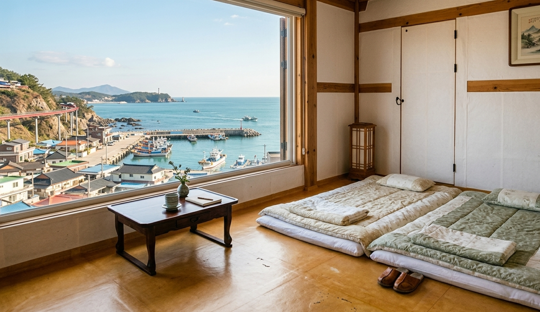 울진 죽변항 근처 가족 펜션 온돌방과 이른 아침 항구 주변 조용한 풍경