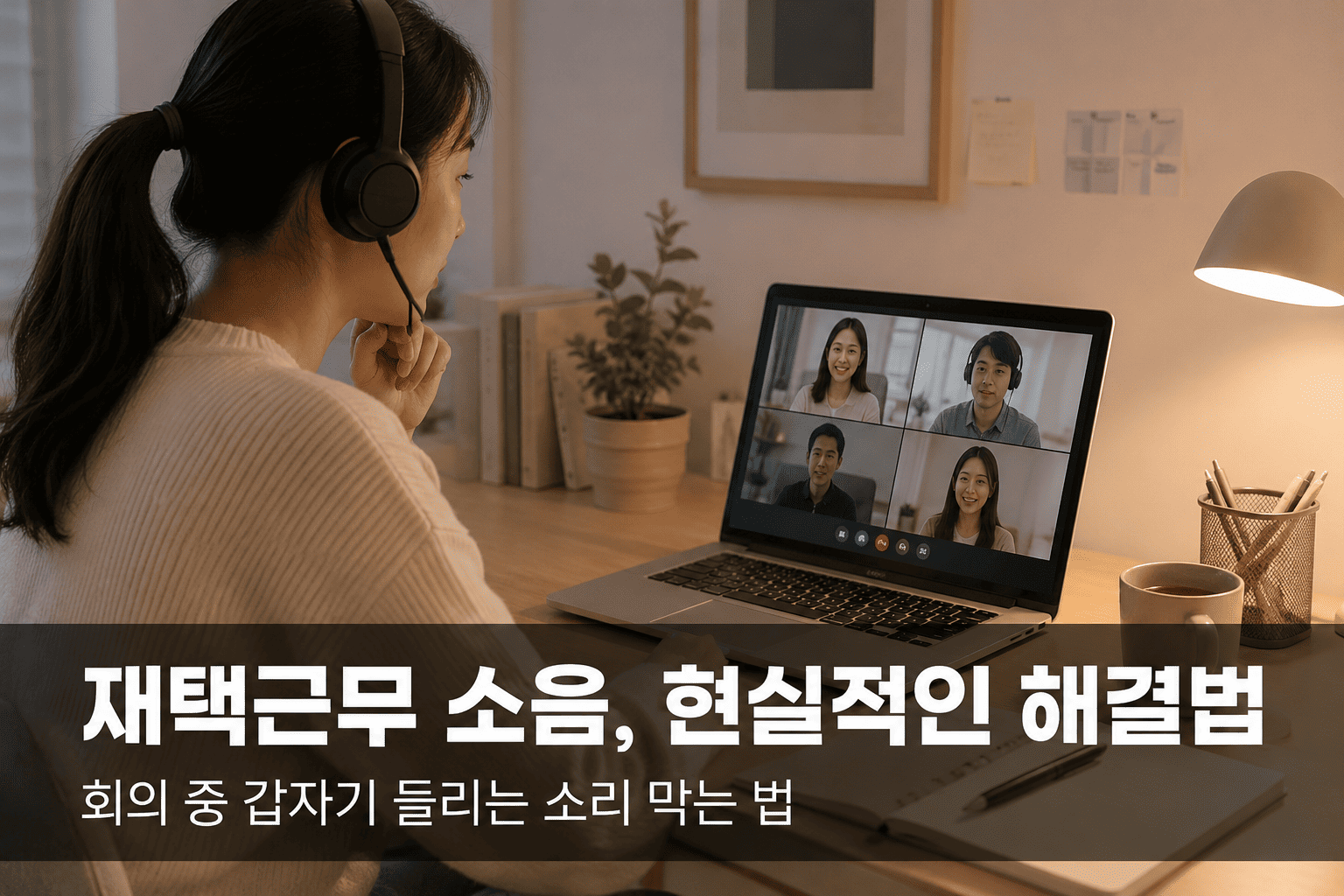 집에서 화상 회의 중인 재택근무 모습