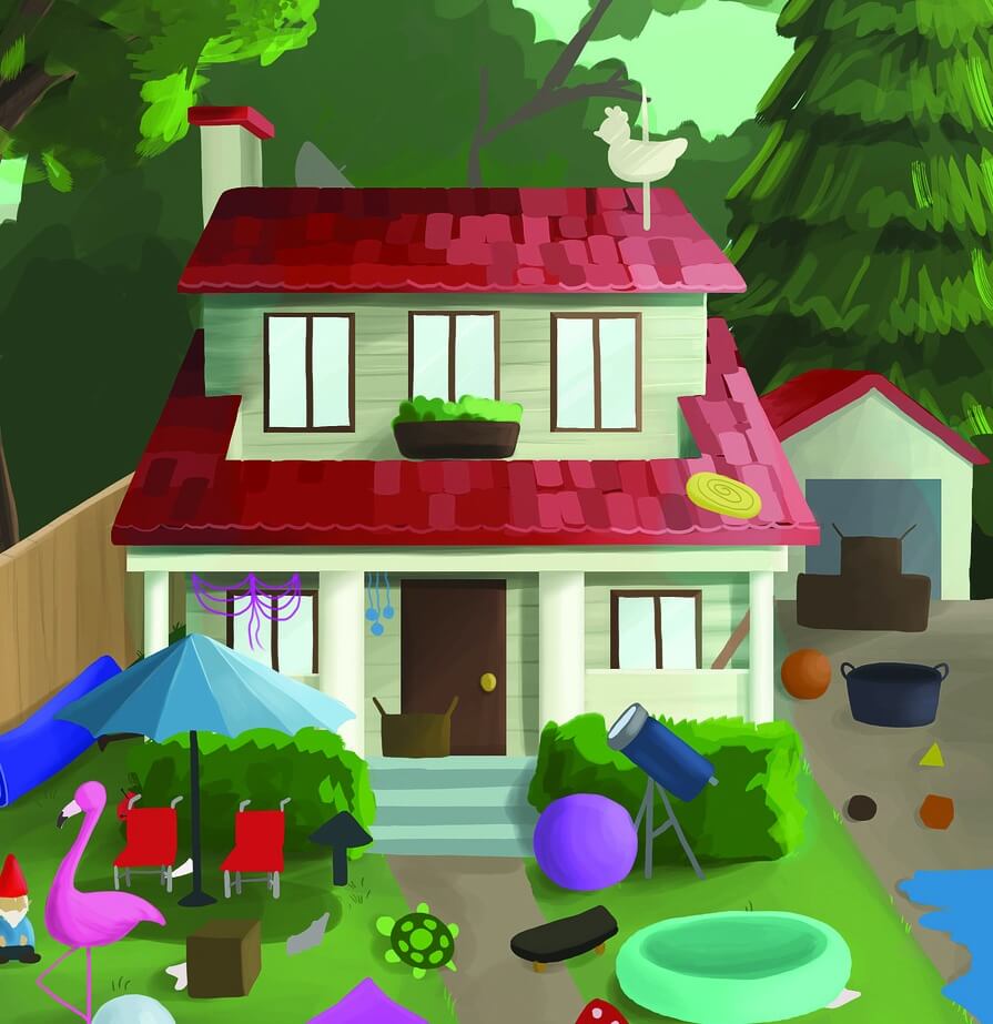 집 마당에 무엇인가가 많이 있는 그림