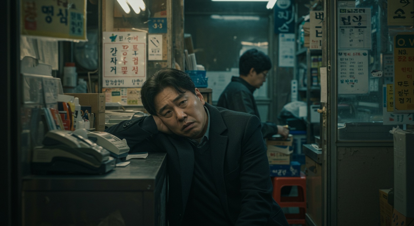 피로한 소상공인이 가게에서 어려움을 겪는 모습