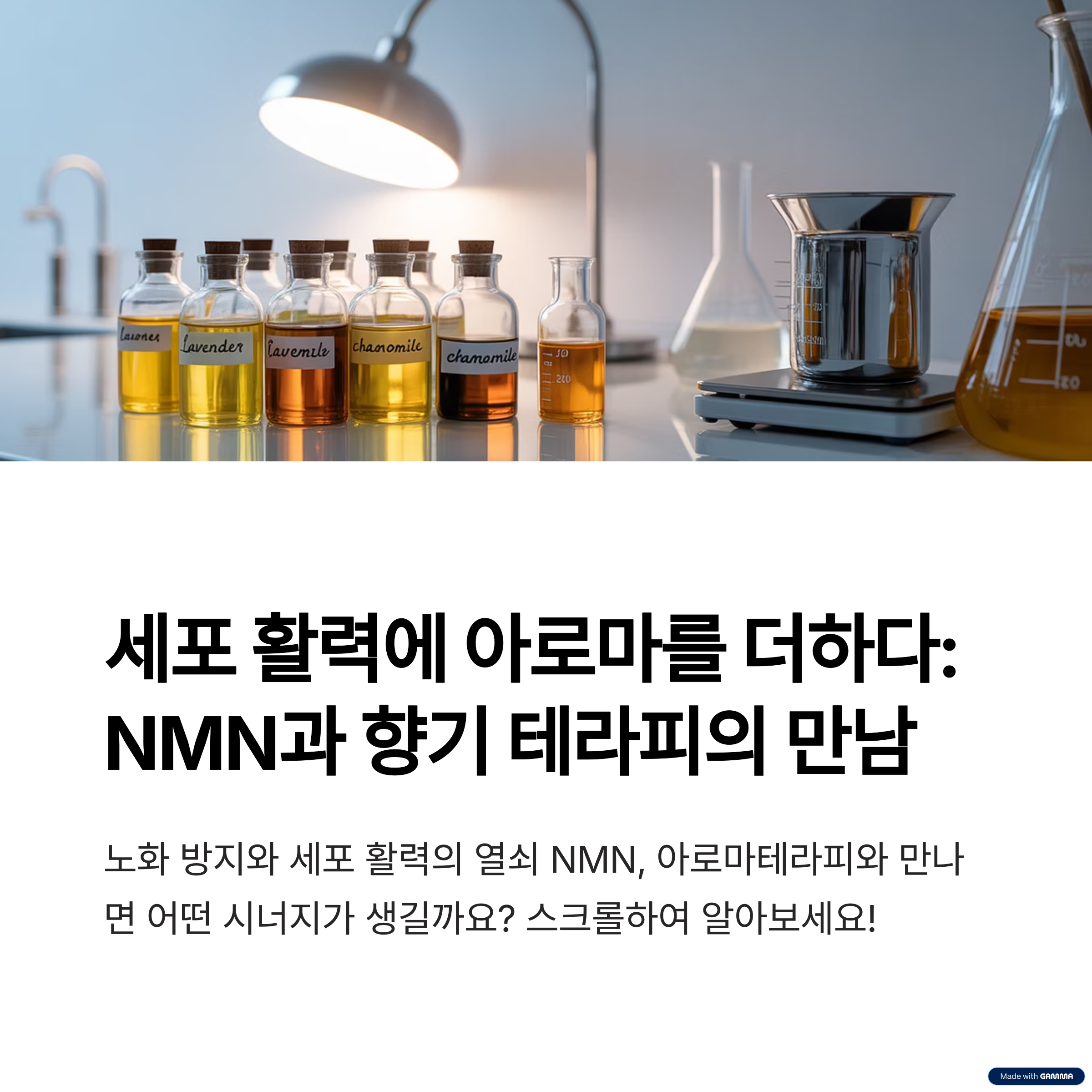 다양한 에센셜오일과 비커 등 다양한 실험도구들이 있는 모습
