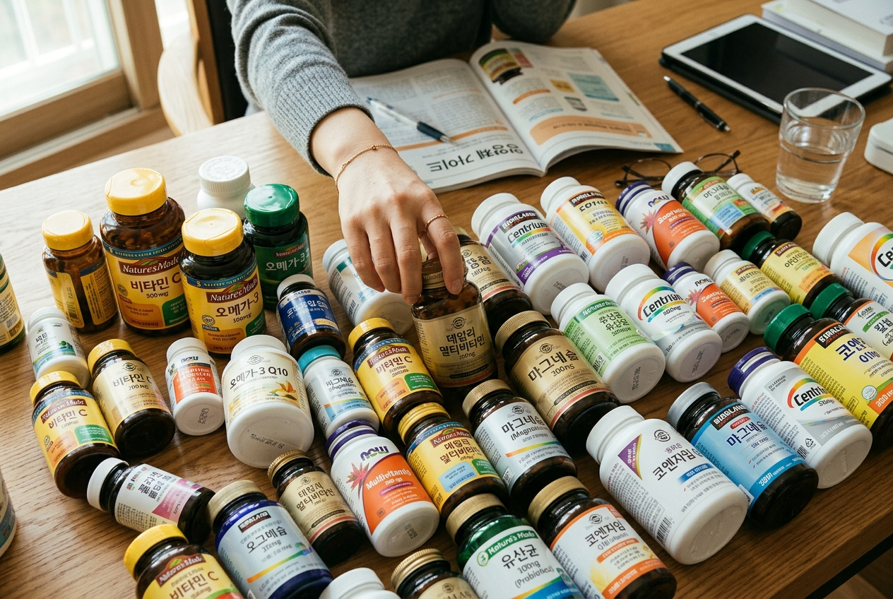 책상 위에 수많은 종류의 영양제 병들이 놓여 있고, 그중에서 자신에게 맞는 것을 고르기 위해 고민하는 사람의 손