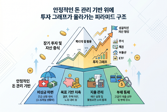 돈 관리 기반 위에 투자 구조가 올라가는 재테크 피라미드 이미지