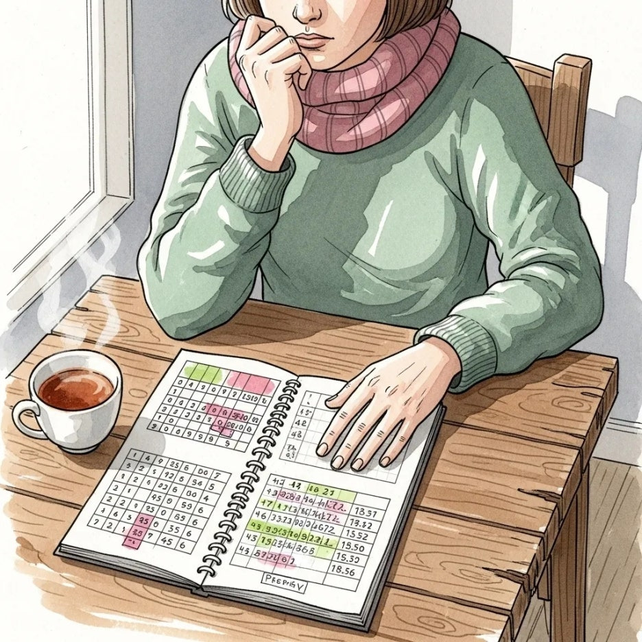 번호 조합을 신중하게 분석하고 있는 모습.