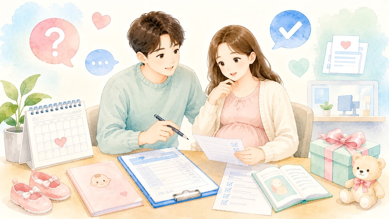 해산급여에 관하여 알콩달콩하게 이야기 하고 있는 신혼부부