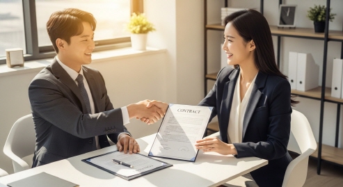 계약서와 함께 웃으며 악수하는 두 사람