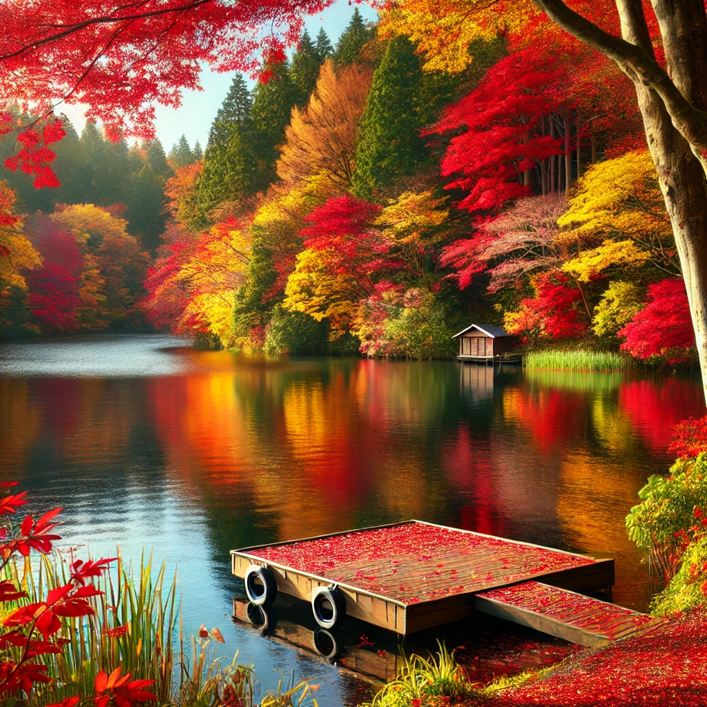 나무가 울창한 숲 속, 바닥에 떨어진 단풍이 덮인 가을 풍경