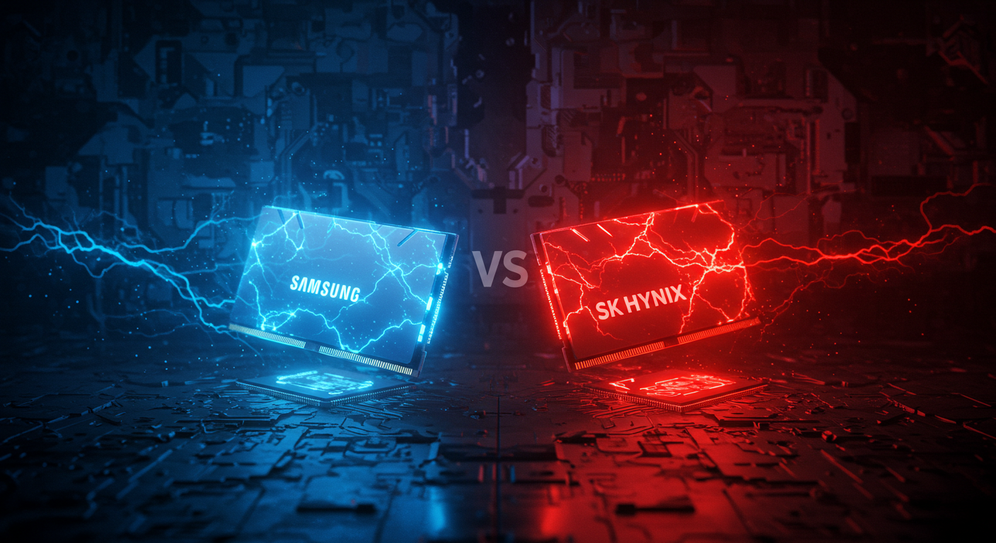 HBM 기술 경쟁 중인 삼성전자와 SK하이닉스를 묘사한 상징적 이미지