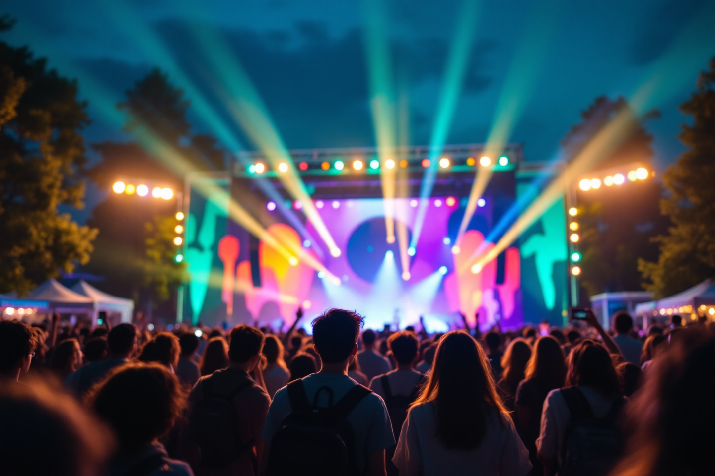 저녁때 대학가에 무대가 설치되어 있고 화려한 조명이 비추이고 학생들이 무대 주변으로 몰려 있는 이미지