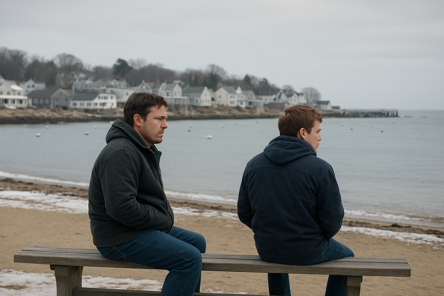 겨울 항구의 벤치에 앉은 중년 남성과 소년. 서로 다른 방향을 바라보며 조용히 앉아 있는 모습. 회색 하늘과 바다가 어우러져 차분하고 쓸쓸한 분위기를 자아낸다.
