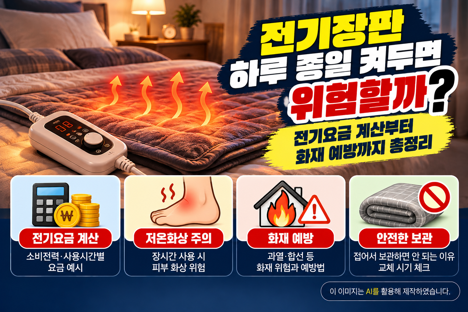 전기장판을 켜둔 따뜻한 침실과 온도조절기를 배경으로, 전기장판 하루 종일 사용 시 위험성, 소비전력과 사용시간에 따른 전기요금 계산, 장시간 사용으로 인한 저온화상 및 화재 예방 방법, 안전한 보관과 교체 시기 등을 안내하는 이미지