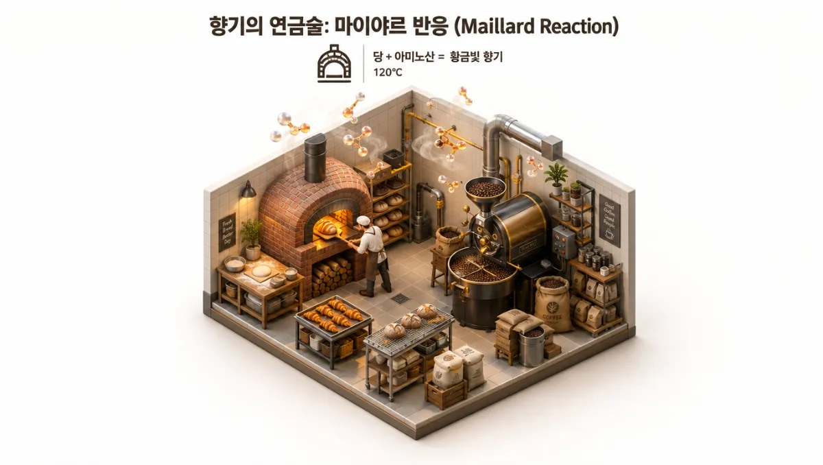 빵 껍질의 마이야르 반응과 원두 로스팅 과정에서 생성되는 풍부한 향기 성분을 표현한 미니어처 디오라마