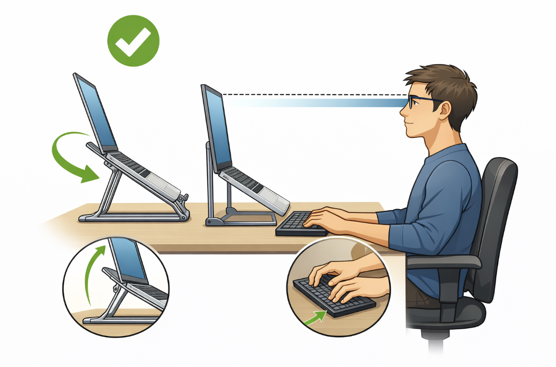 노트북 거치대와 키보드 사용 예시