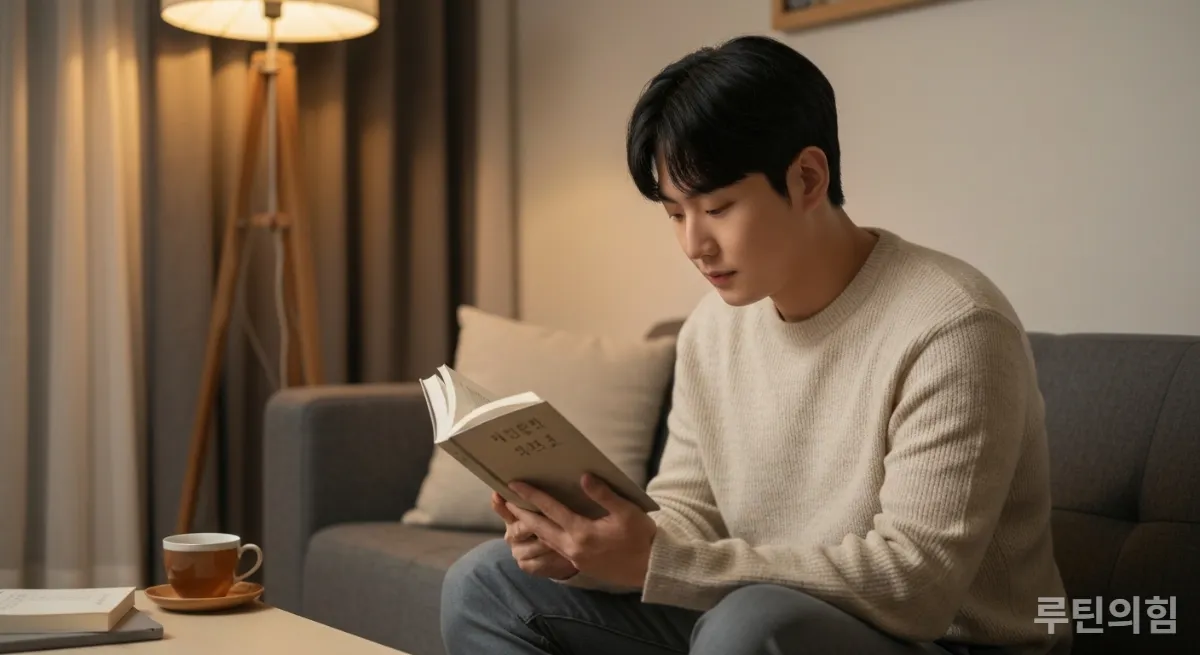 아늑한 거실에서 스마트폰 없이 책을 읽으며 휴식하는 한국인 남성