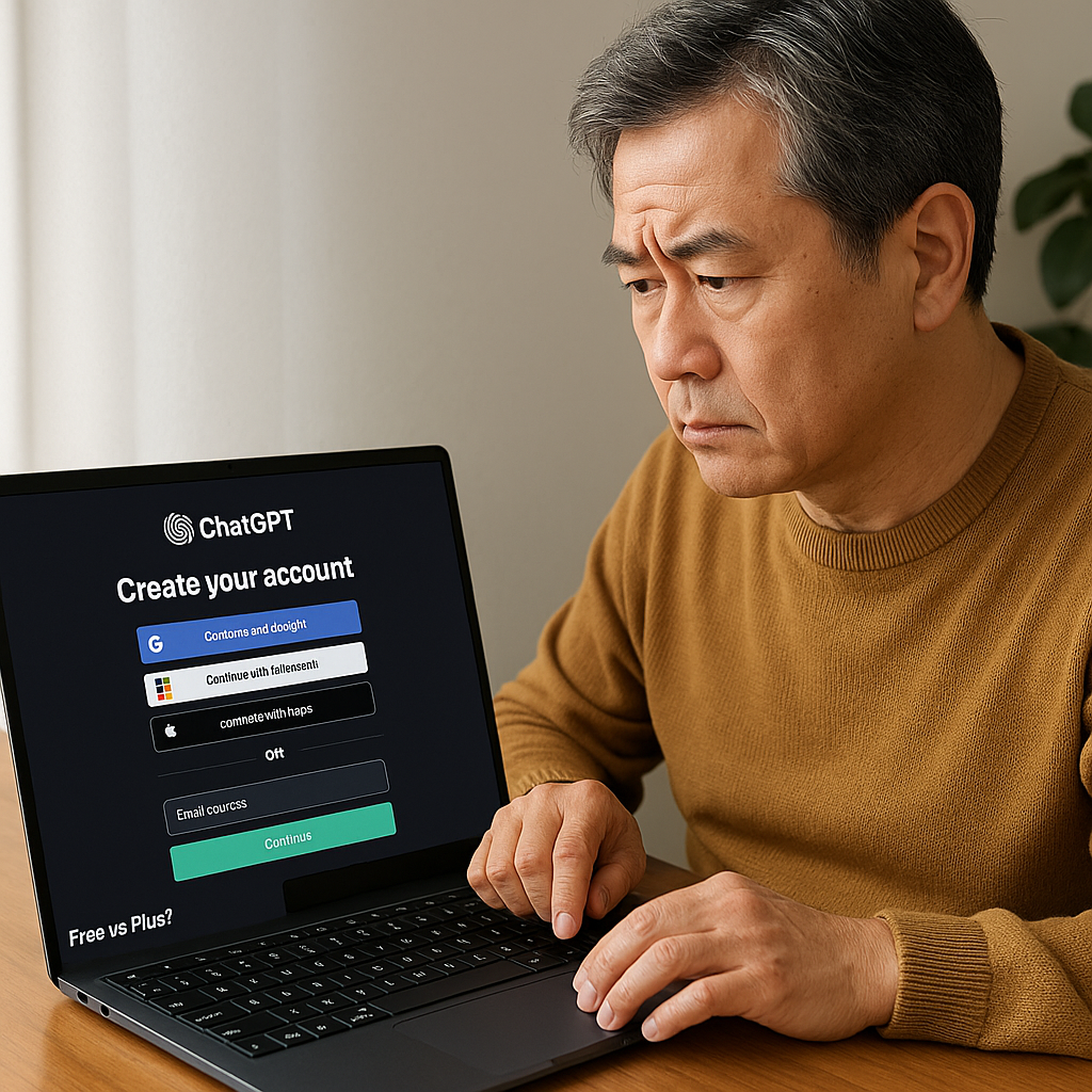 중년 남성이 노트북 앞에서 ChatGPT 계정 생성 과정을 따라가고 있는 모습 – 실사용 예시로 보안과 초기 설정을 고려한 장면