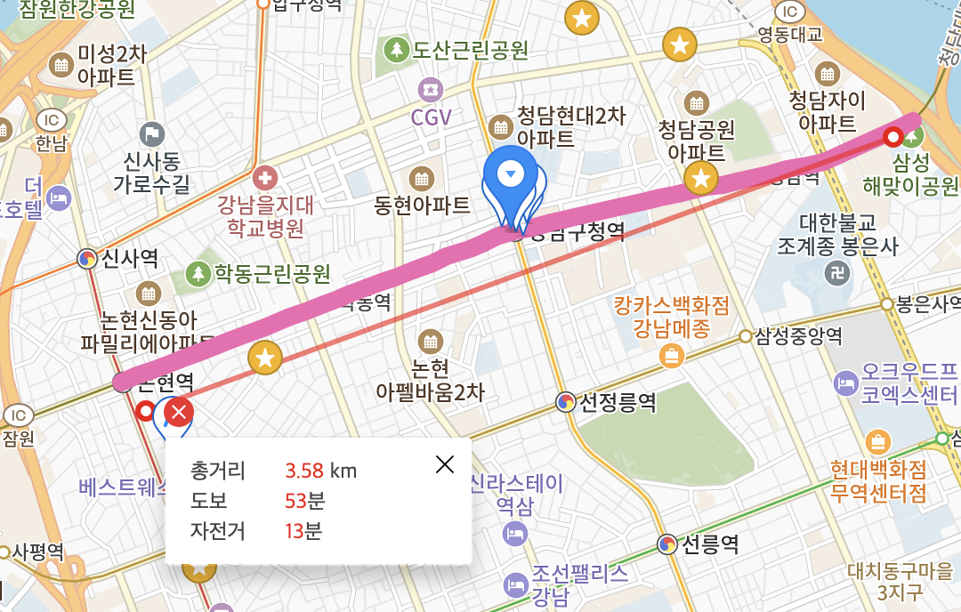 강남구청역 1번 출구 학동로 버스정류장 주변 지도
