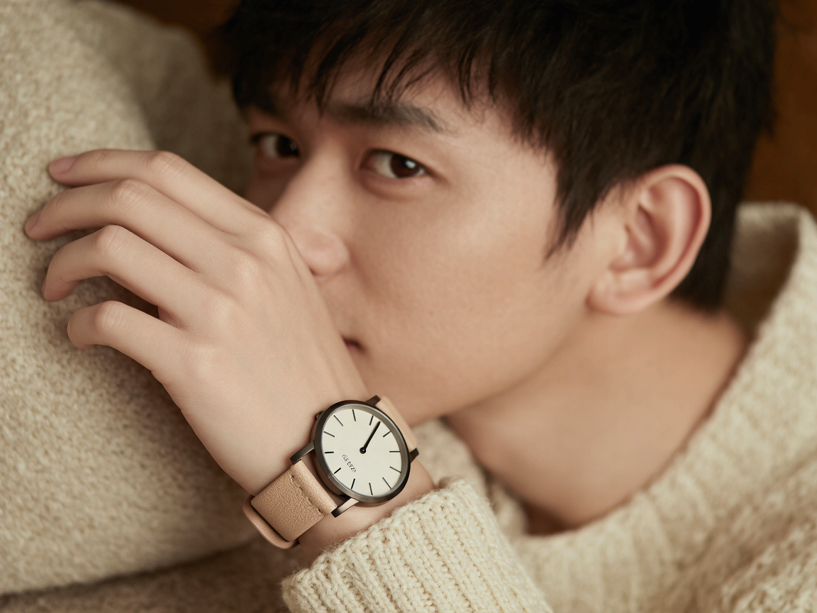 베이지색 니트를 입고 가죽 스트랩 시계를 착용한 손목 이미지