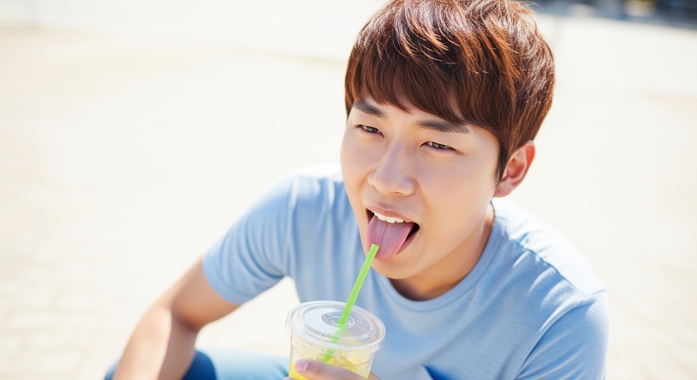 혀를 내밀며 갈증 호소하는 청년