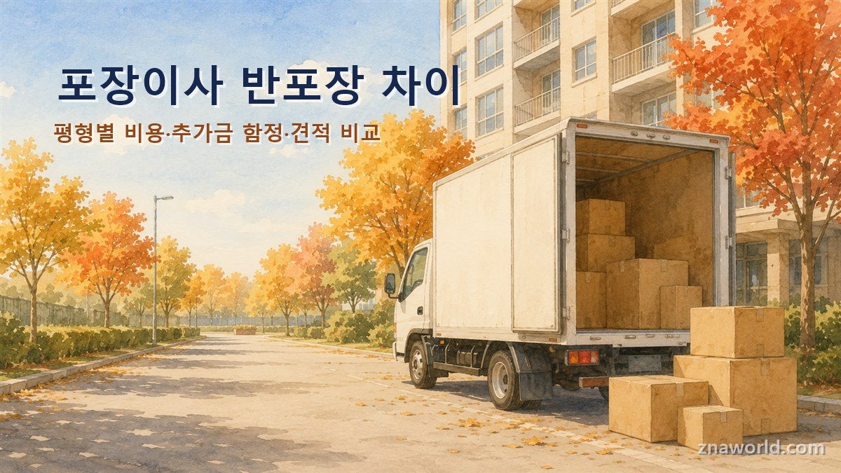 이삿날 아침 아파트 앞에 도착한 이사 트럭과 박스