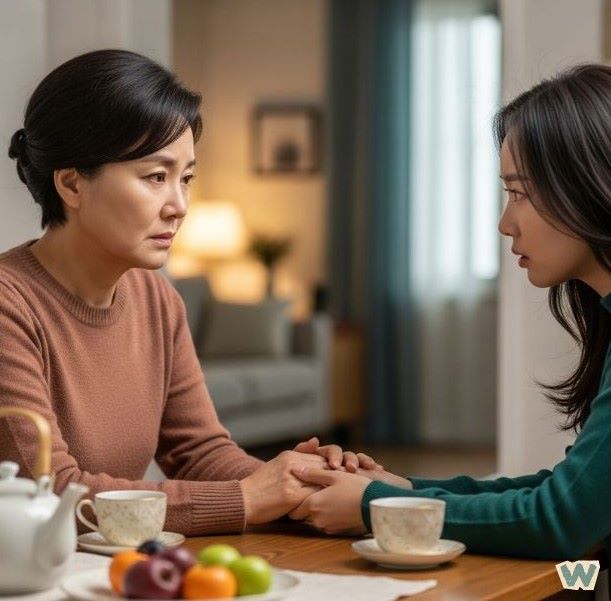 공황장애를 가족에게 털어놓는 모녀의 진솔한 대화 모습, 따뜻한 집안에서 손을 잡고 이야기하고 있는 장면 via Gemini