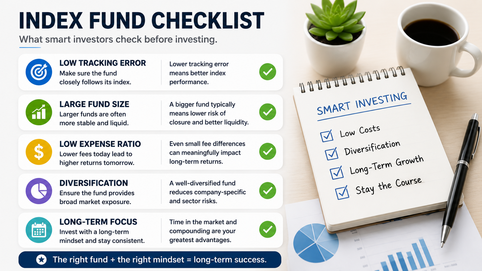 Index fund investing checklist covering tracking error, expense ratio, diversification, fund size, and long-term investment principles.
