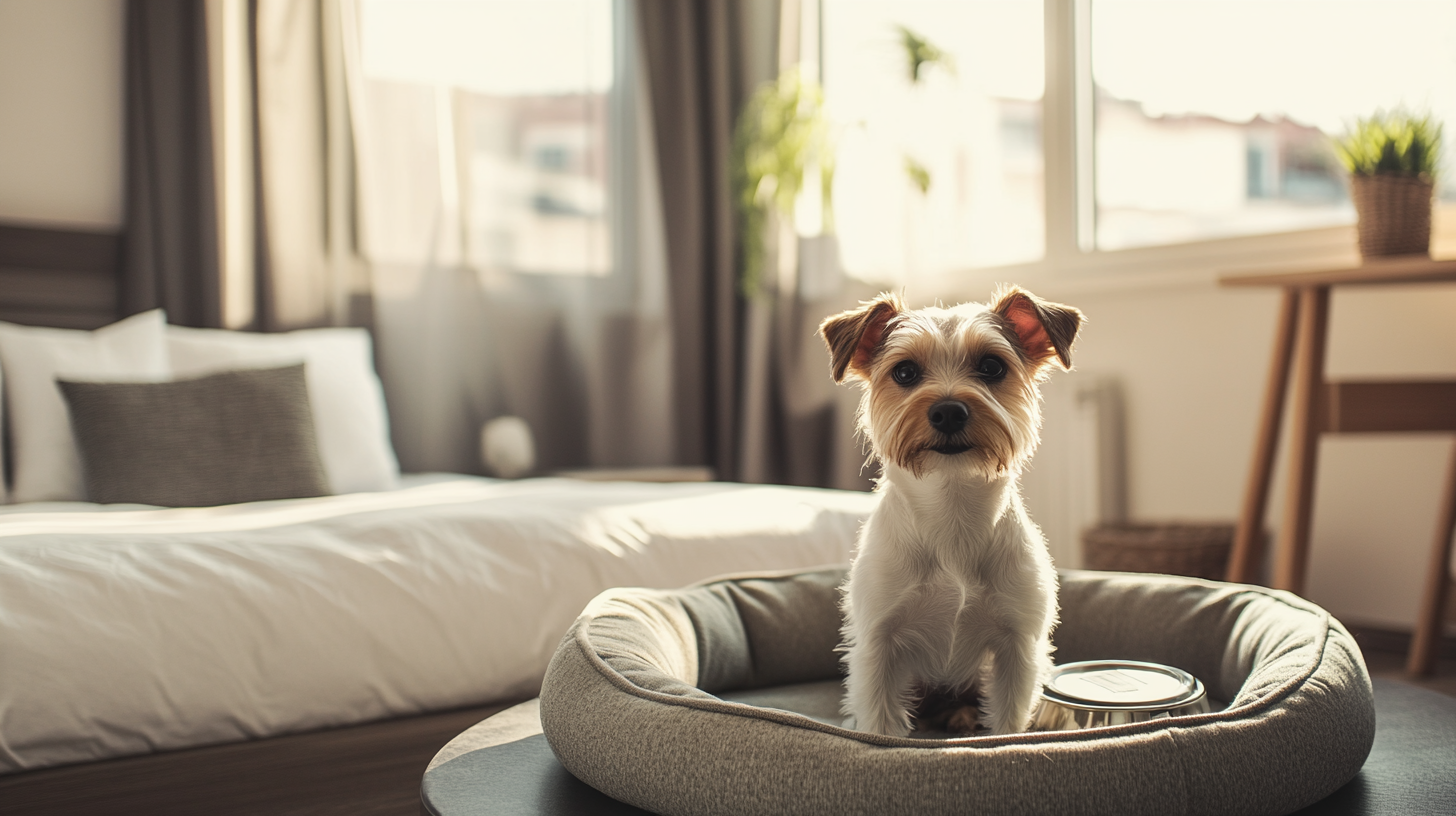 호텔에서 쉬고 있는 강아지