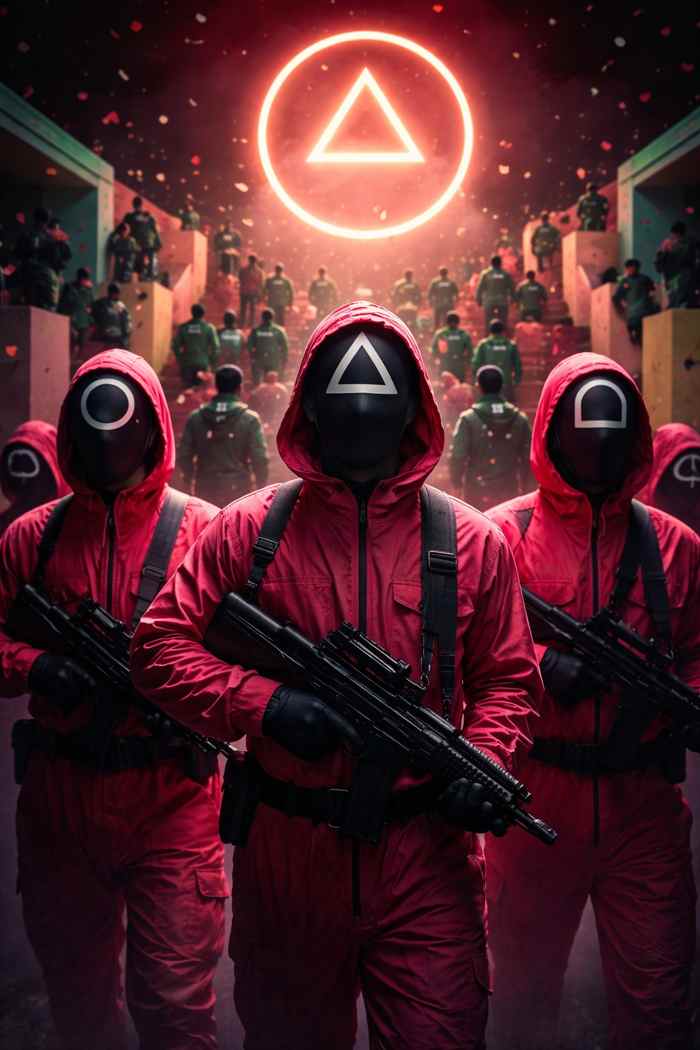 분홍색 방호복과 기하학 마스크를 쓴 인물들이 서바이벌 게임 무드의 공간에서 긴장감 있게 전진하는 장면을 담은 이미지입니다.