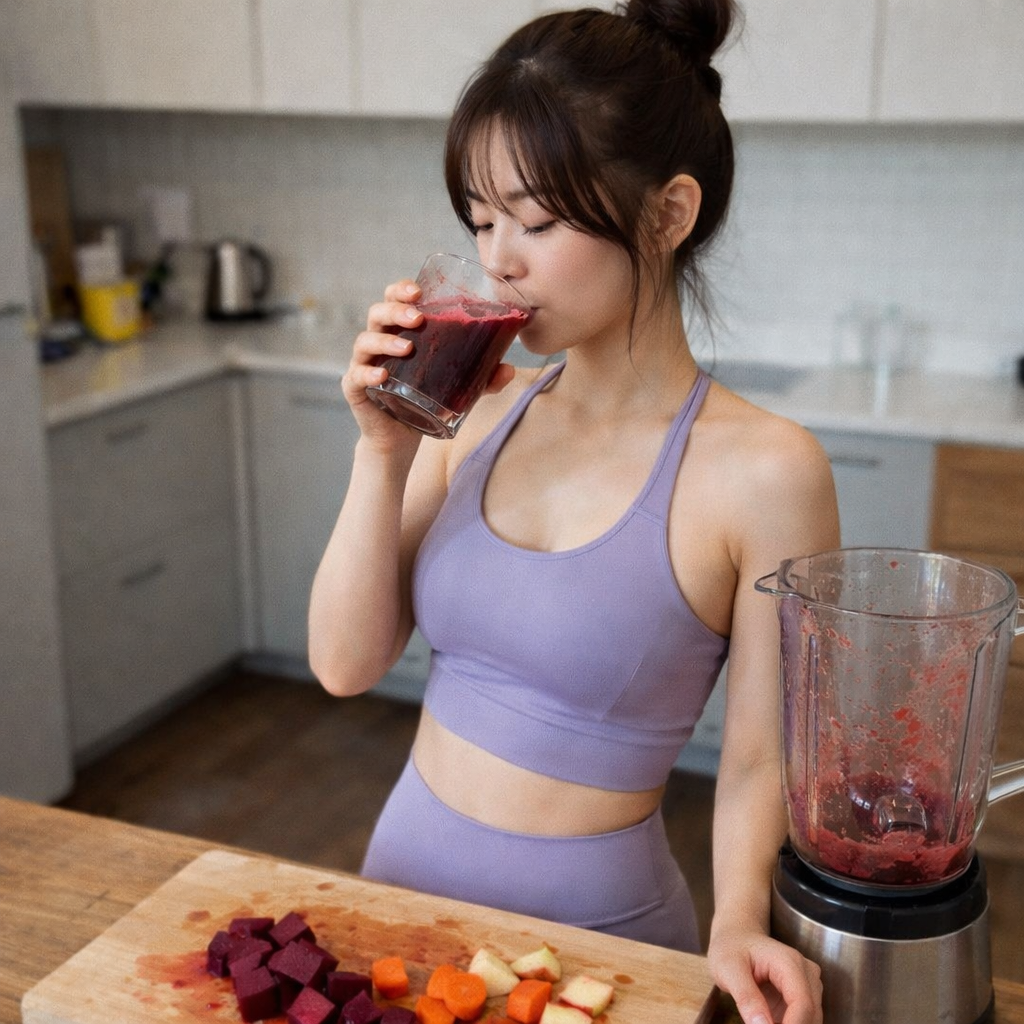 ABC주스가 도움이 되는 사람 : ABC주스의 재료를 손질하여 믹서기에 갈아 마시는 한국여성 이미지.