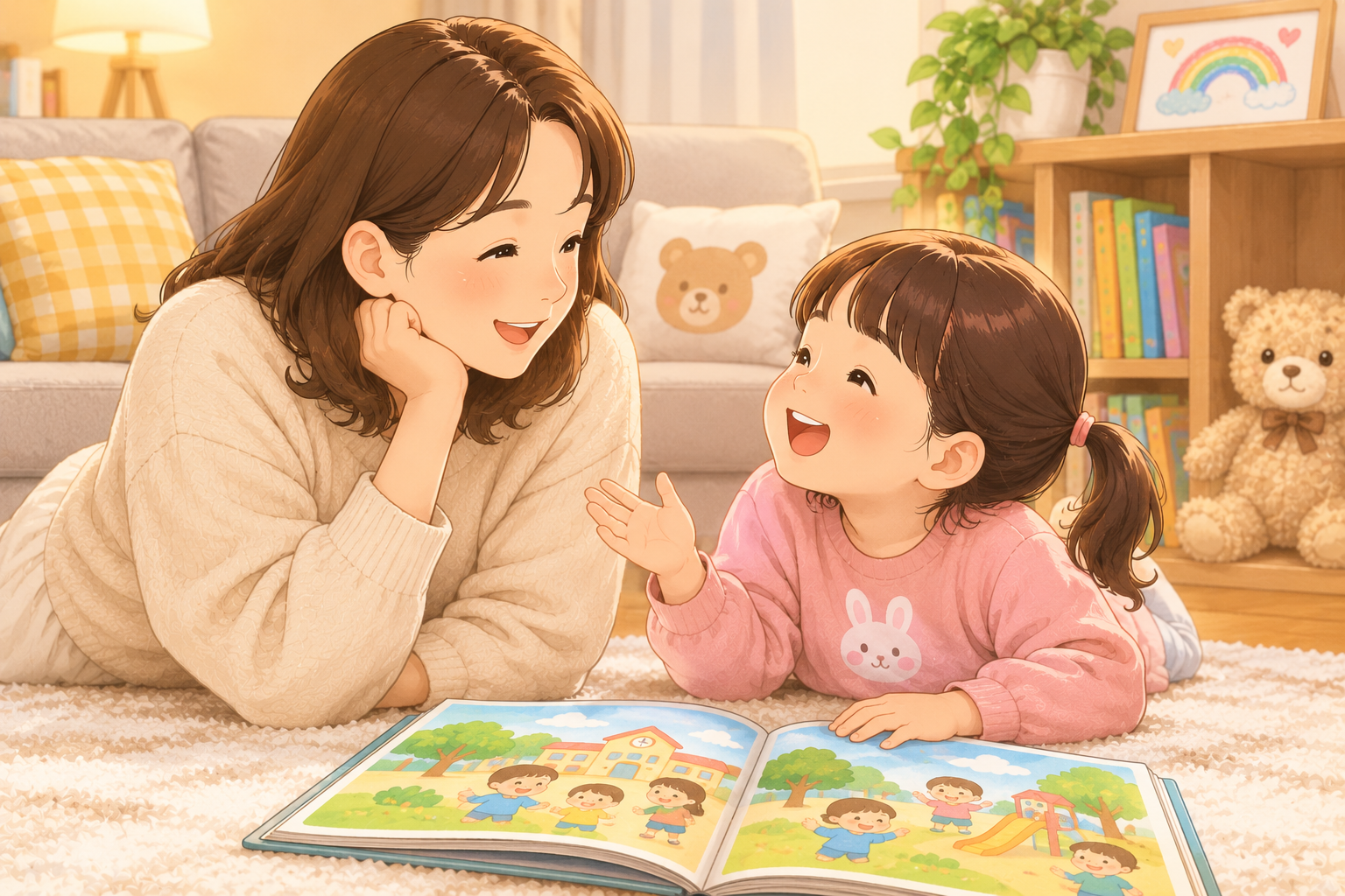 부모와 아이가 거실에서 함께 그림책을 읽으며 하루 있었던 일을 이야기하는 모습