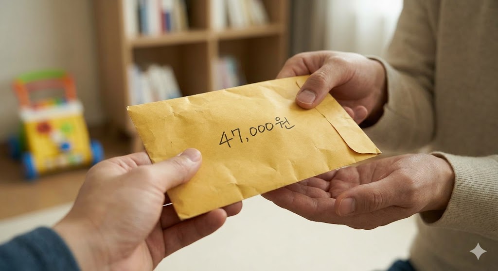 47,000원이 적힌 노란 봉투를 주고받는 손 클로즈업